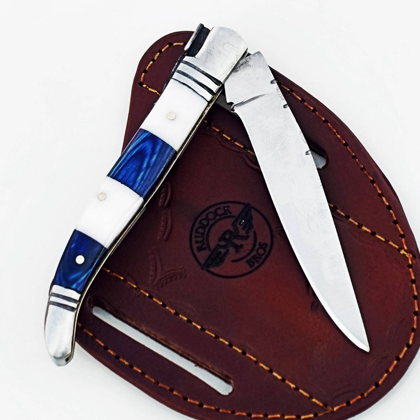 Ruddock Bros - The Blue White Monsignor Folding Knife - Damascus Steel