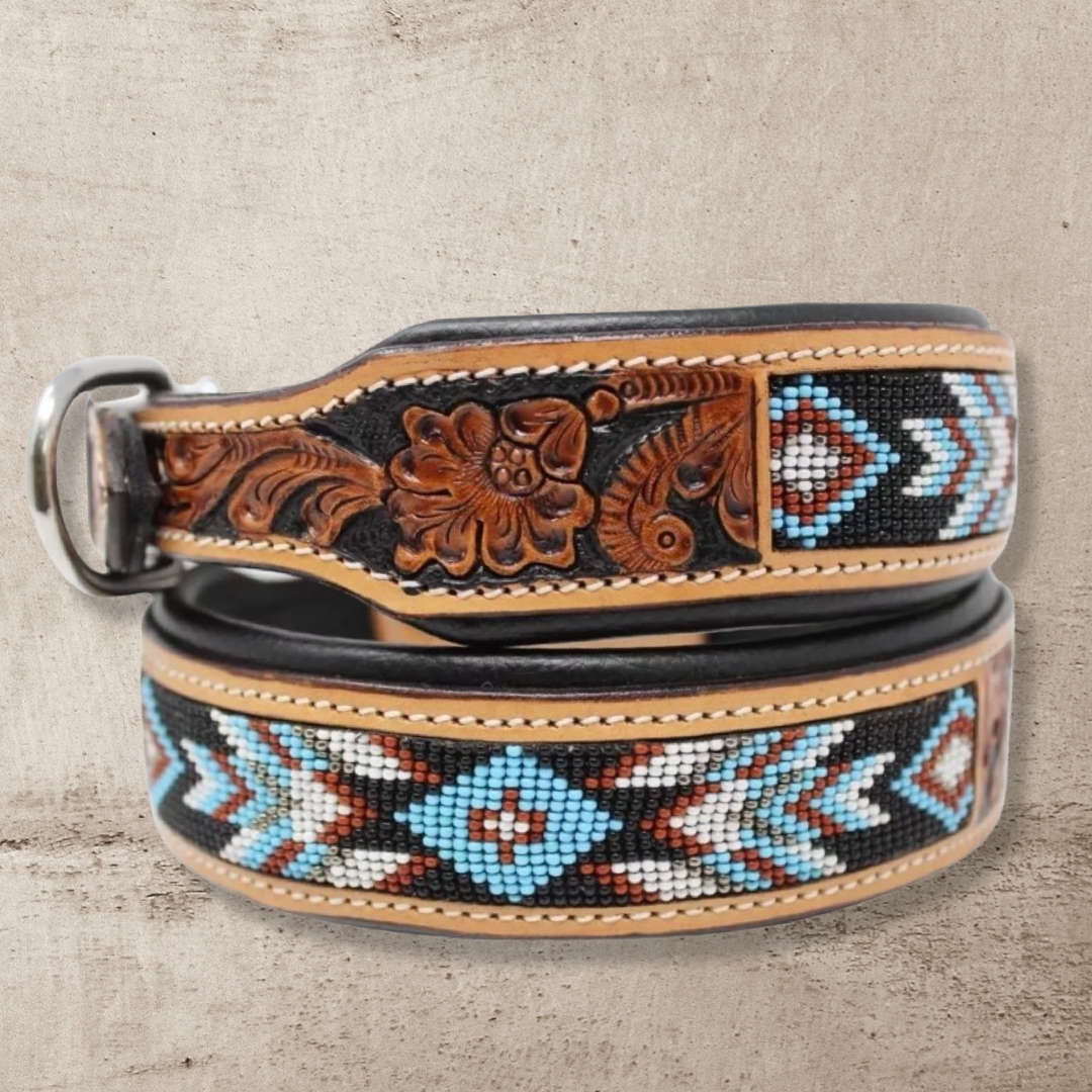 Western Aztec Turquoise Leather Beaded Dog Collar XS-XL