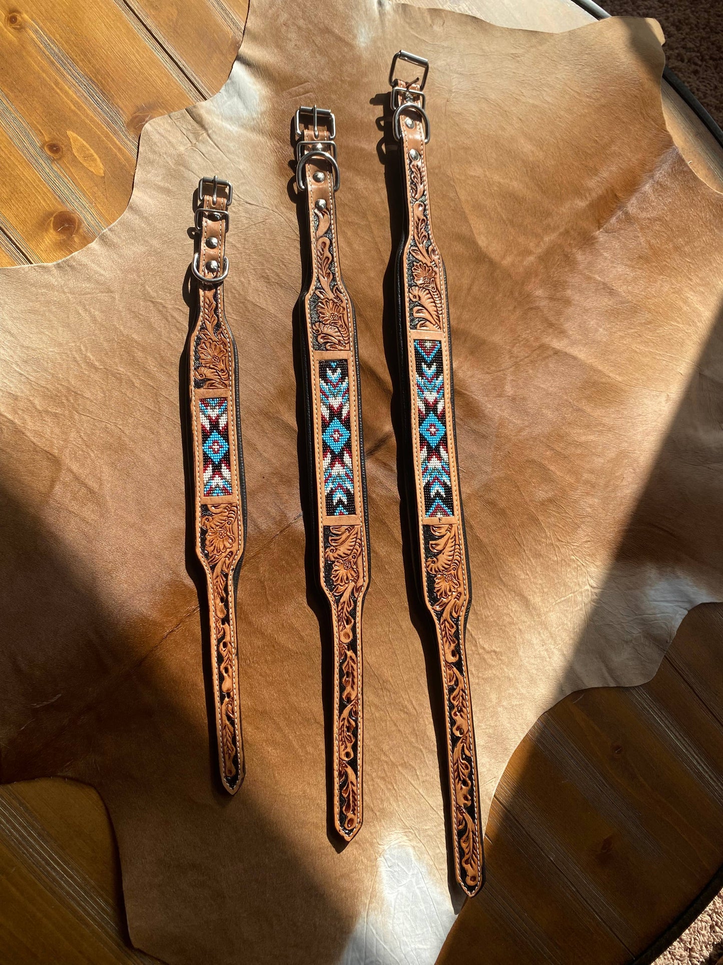 Western Aztec Turquoise Leather Beaded Dog Collar XS-XL