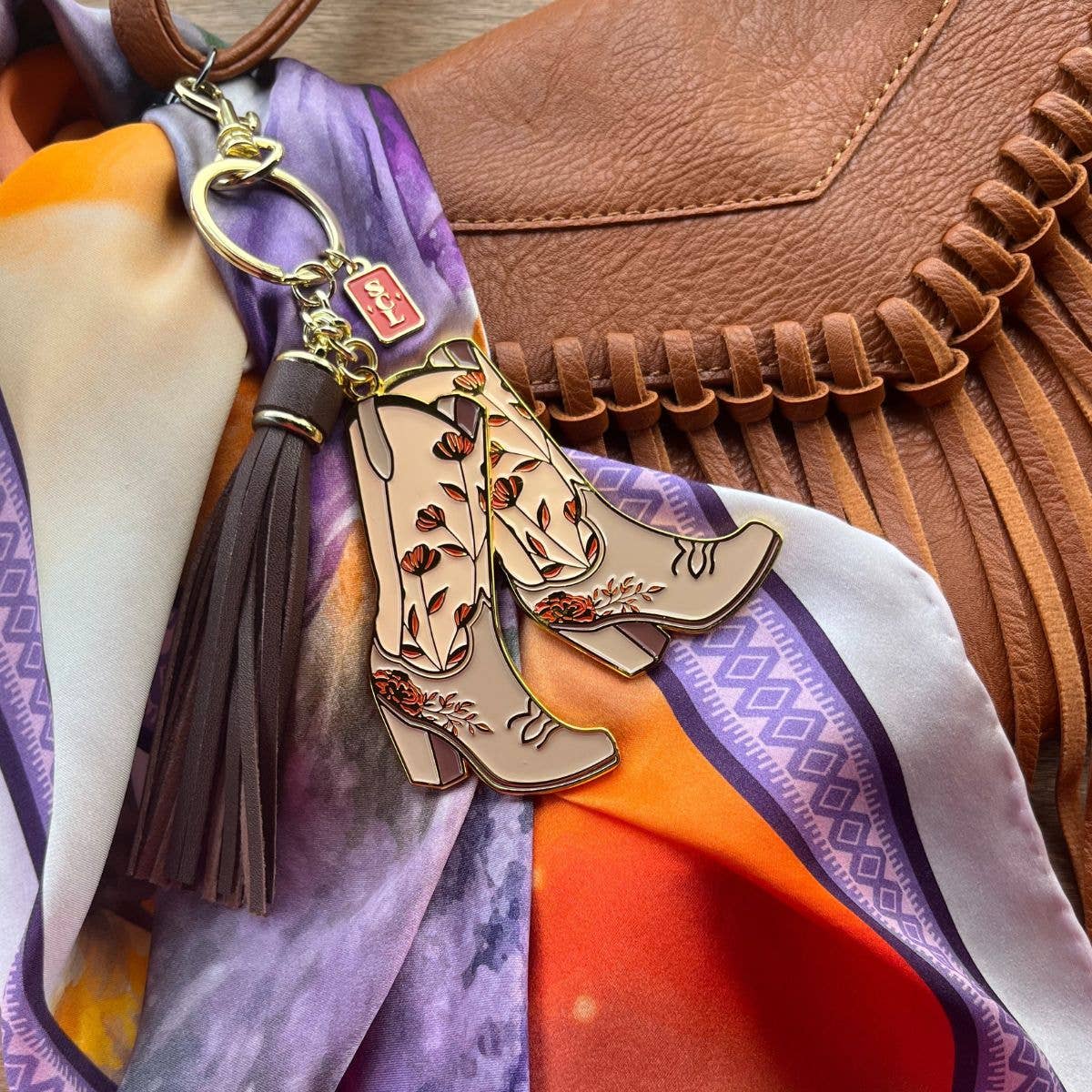 Pink Floral Cowgirl Boots Keychain Bag Charm