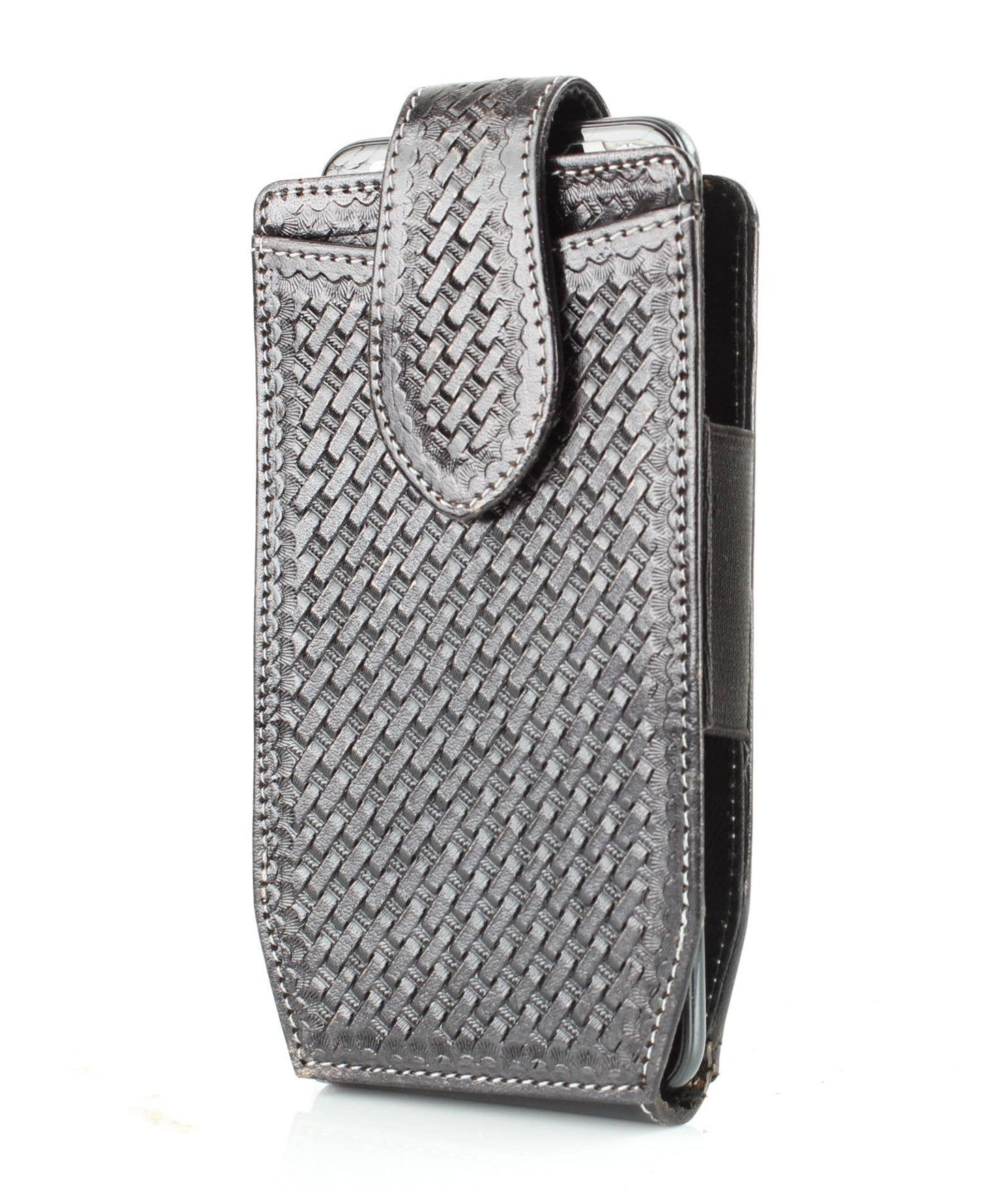Basket Weave Tooled Leather Phone Case for Belt