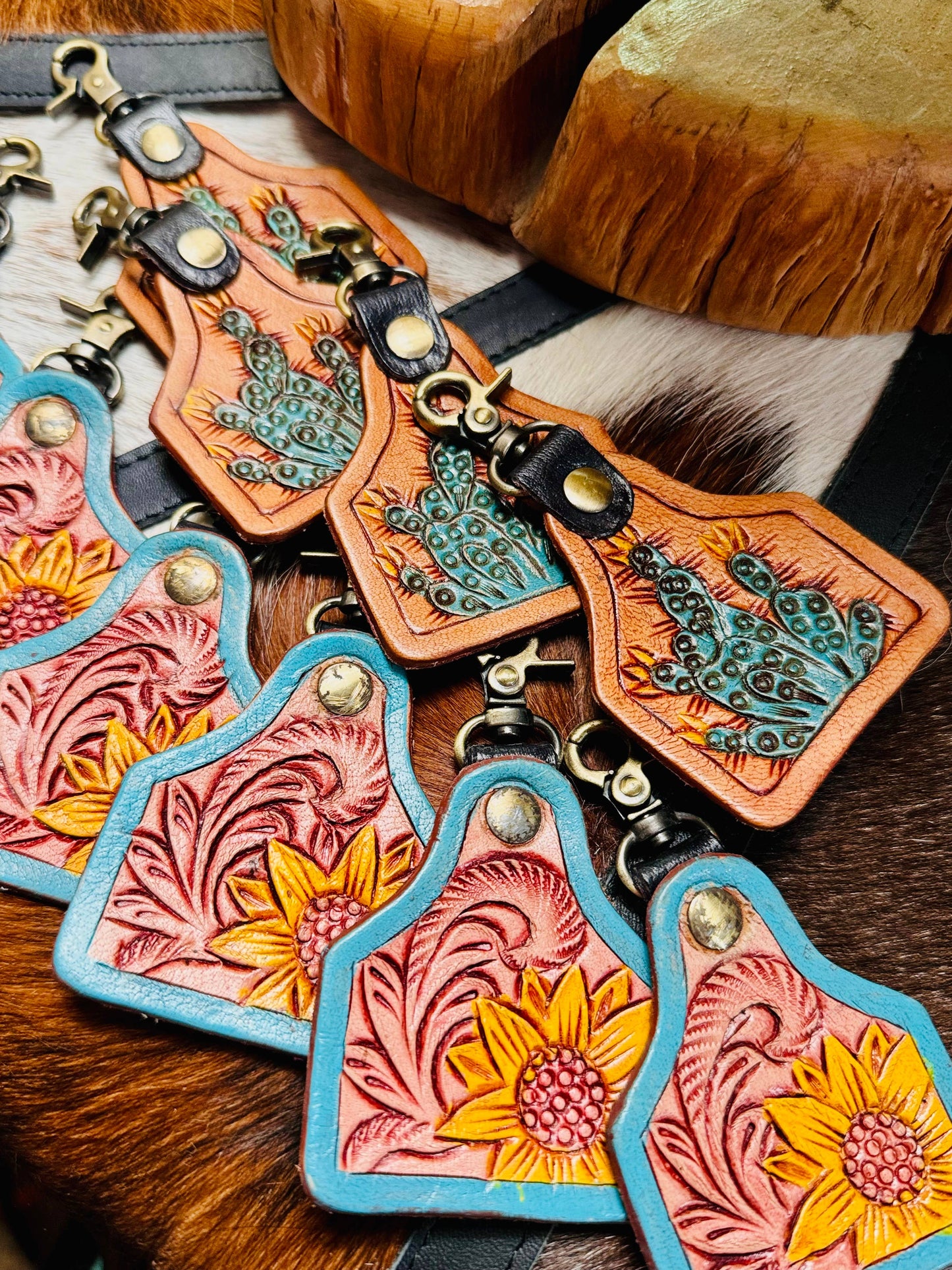 Tooled floral/cactus keychain
