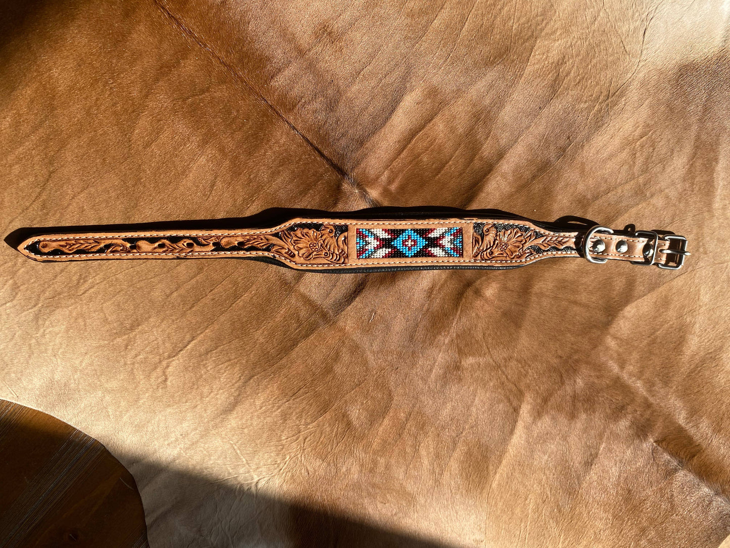 Western Aztec Turquoise Leather Beaded Dog Collar XS-XL