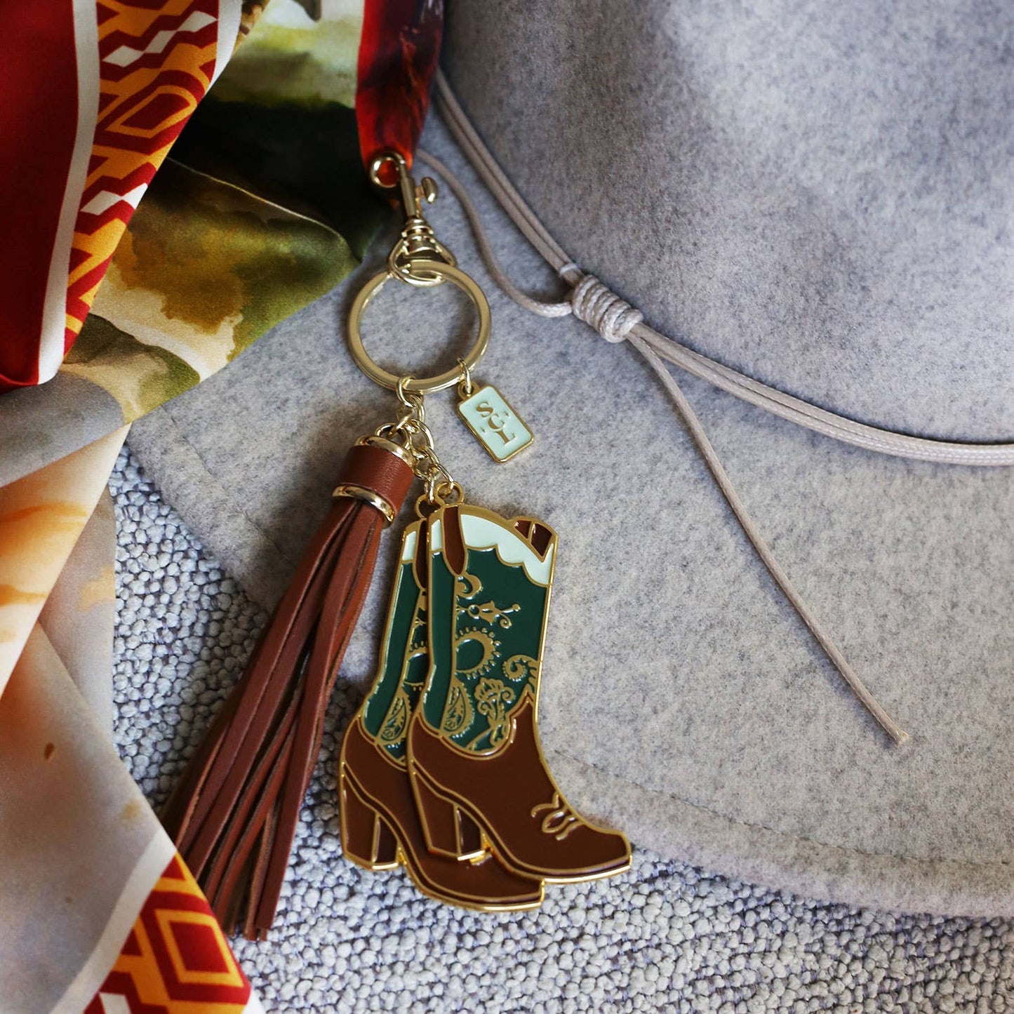Emerald Paisley Cowgirl Boots Keychain Bag Charm