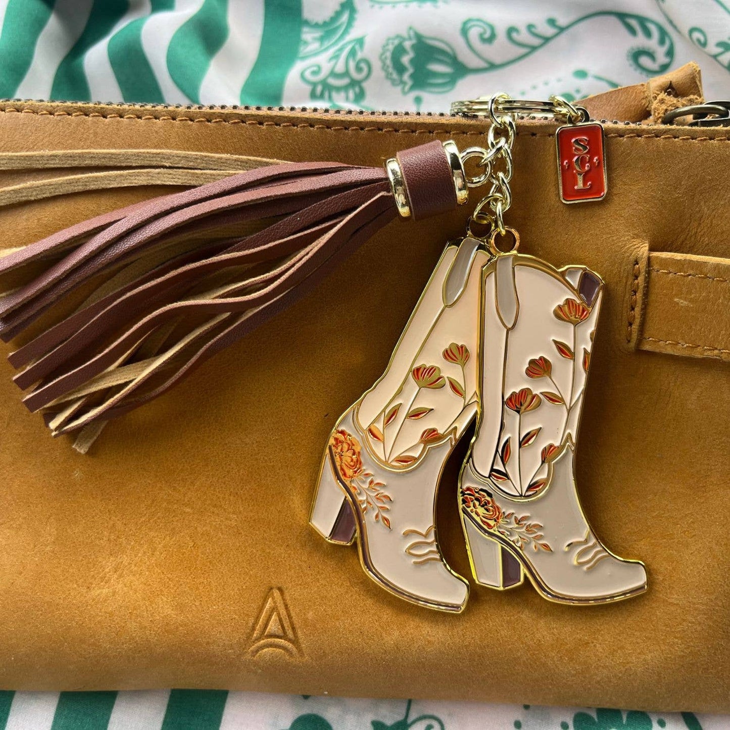 Pink Floral Cowgirl Boots Keychain Bag Charm