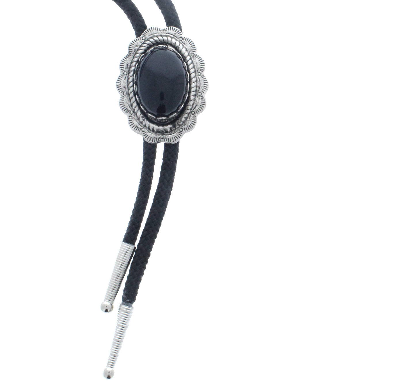 Mens Oval Western pendant Bolo, Black cord silver tips