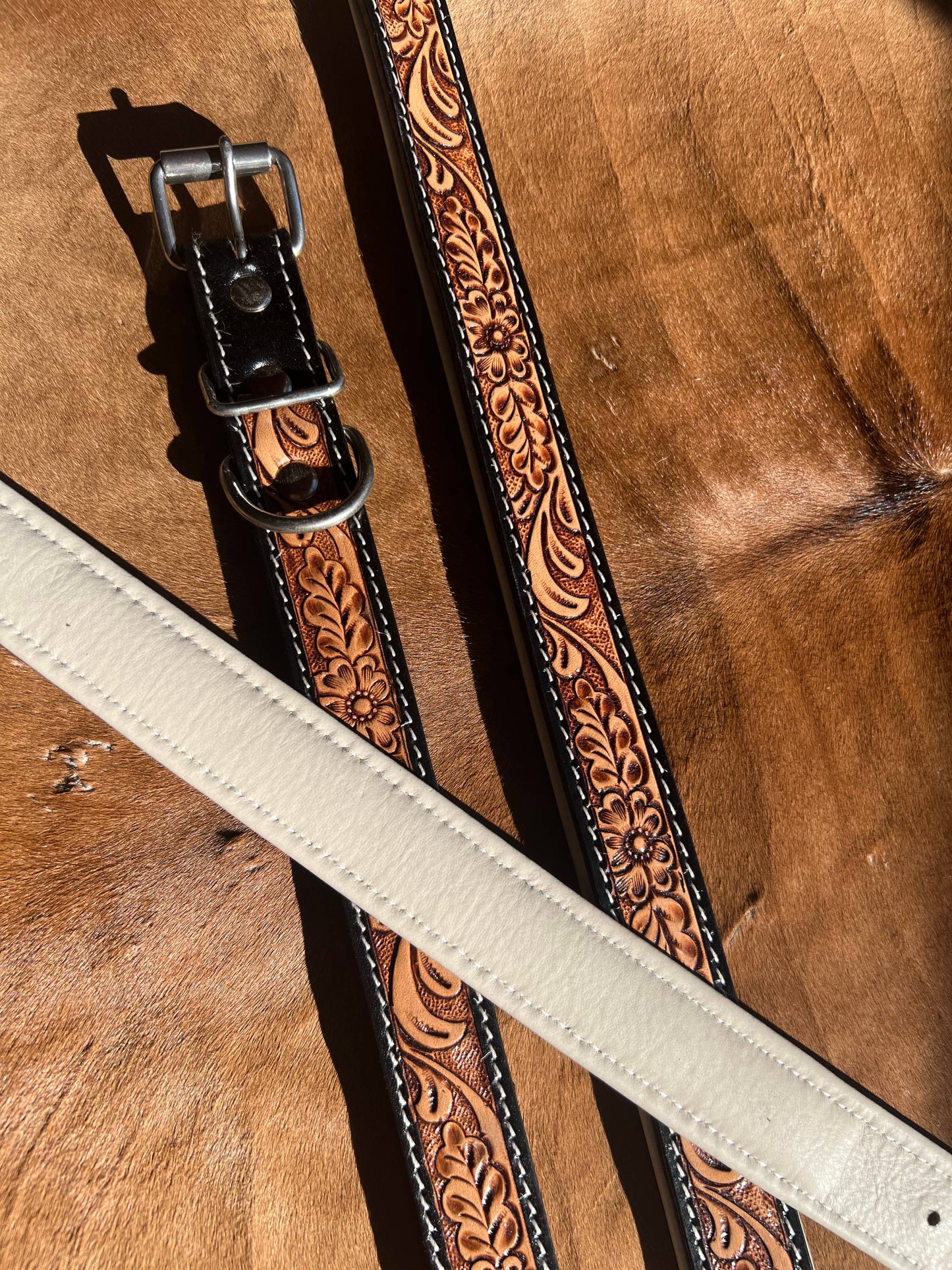 Tooled Leather Western Leather Padded Dog Collar White