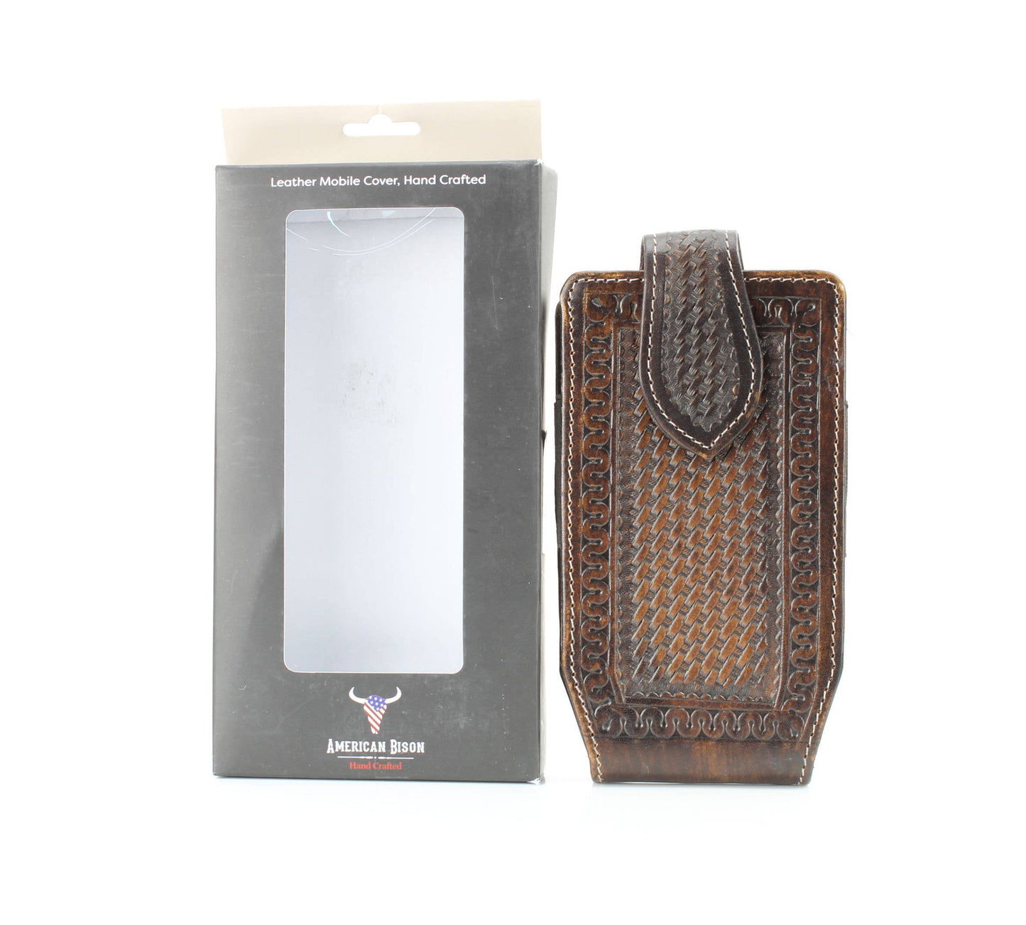 Basket Weave Tooled Leather Phone Case for Belt