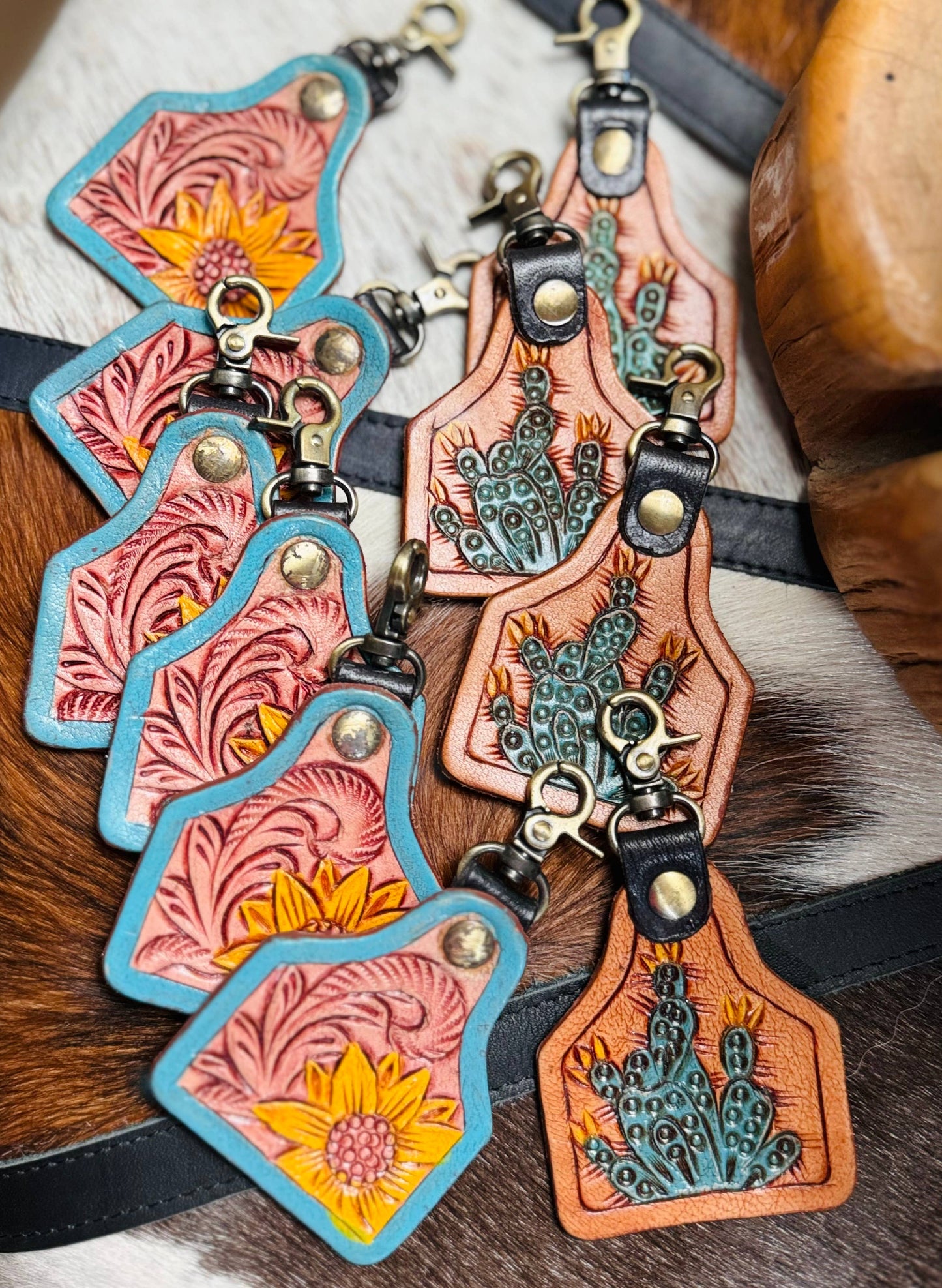 Tooled floral/cactus keychain