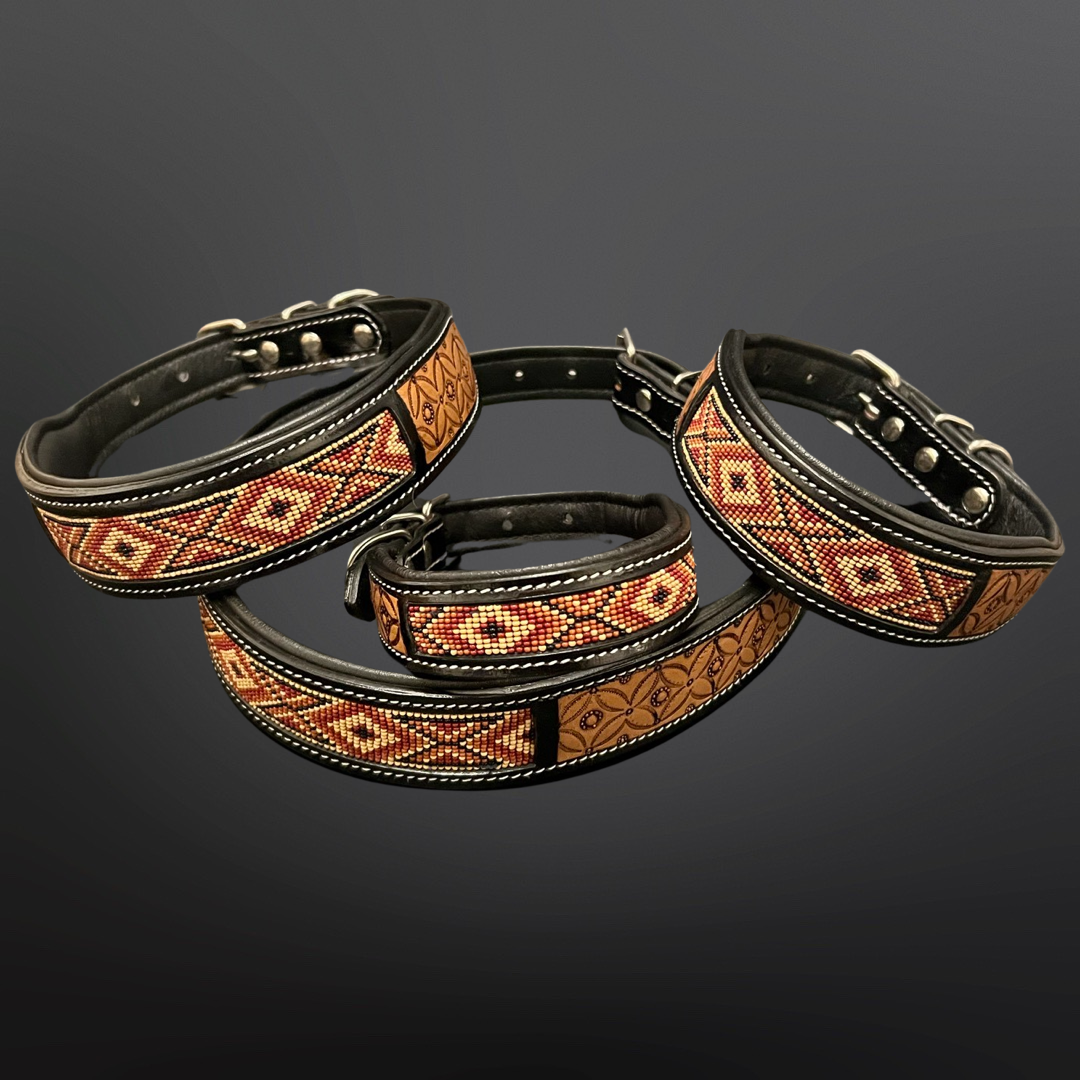 Western Beaded Dog Collar - Tooled Leather XS-XL
