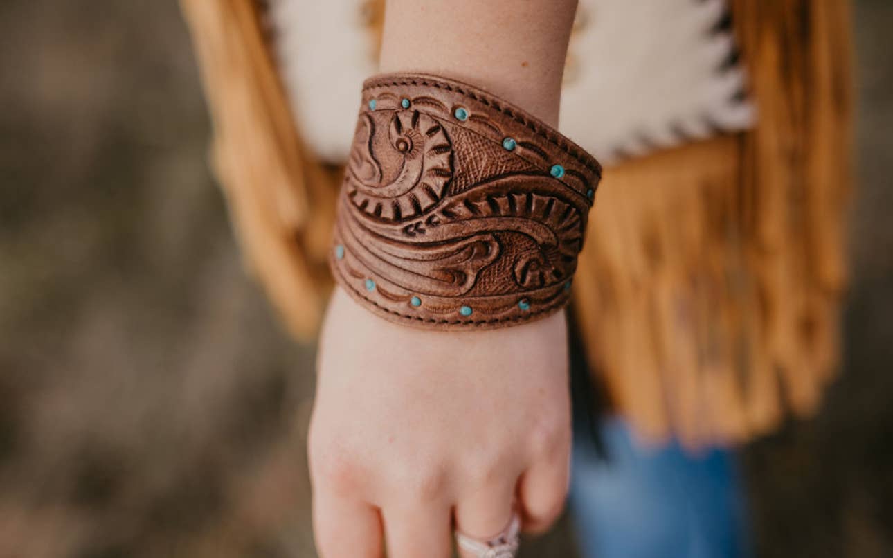 Leather tooled snap cuff bracelet