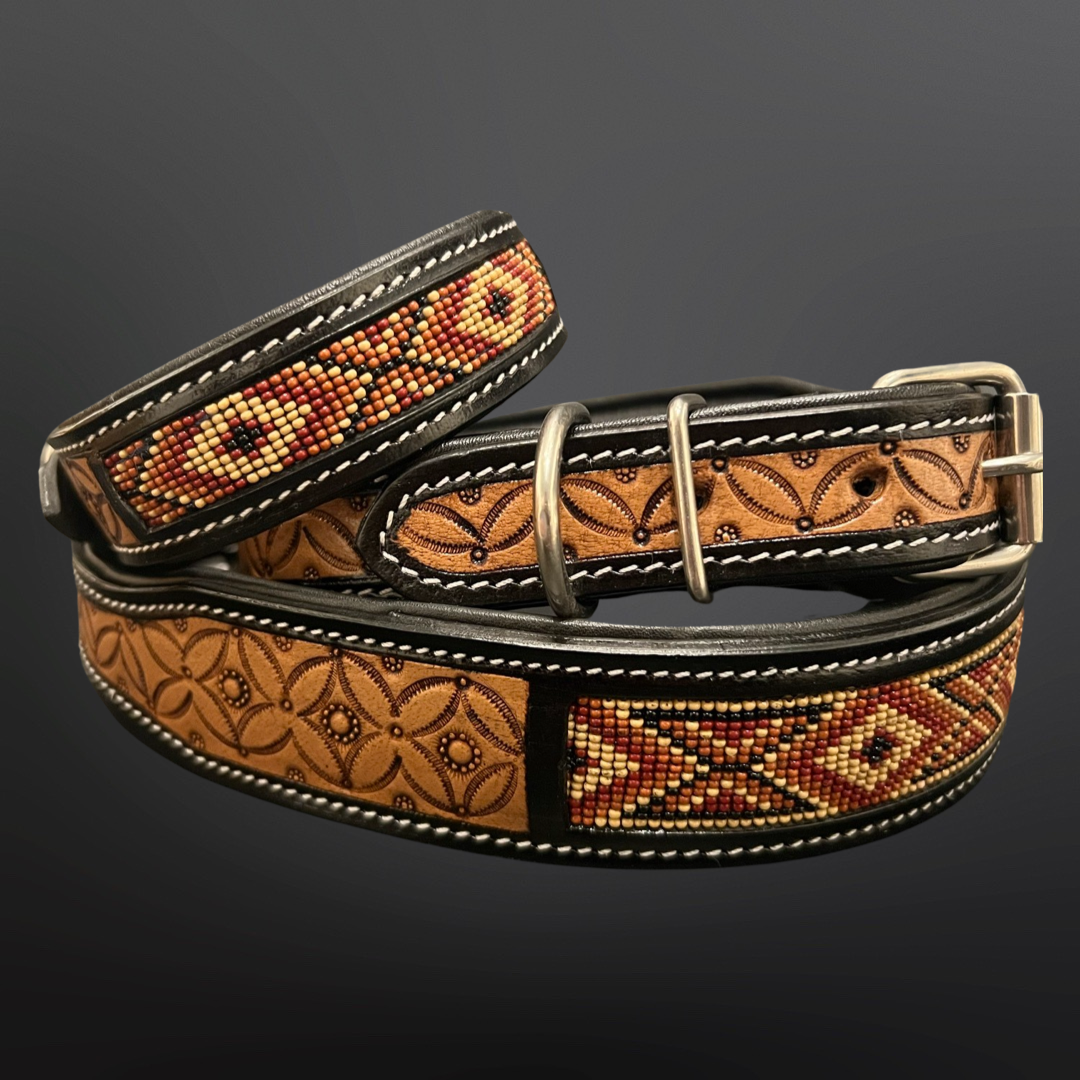 Western Beaded Dog Collar - Tooled Leather XS-XL