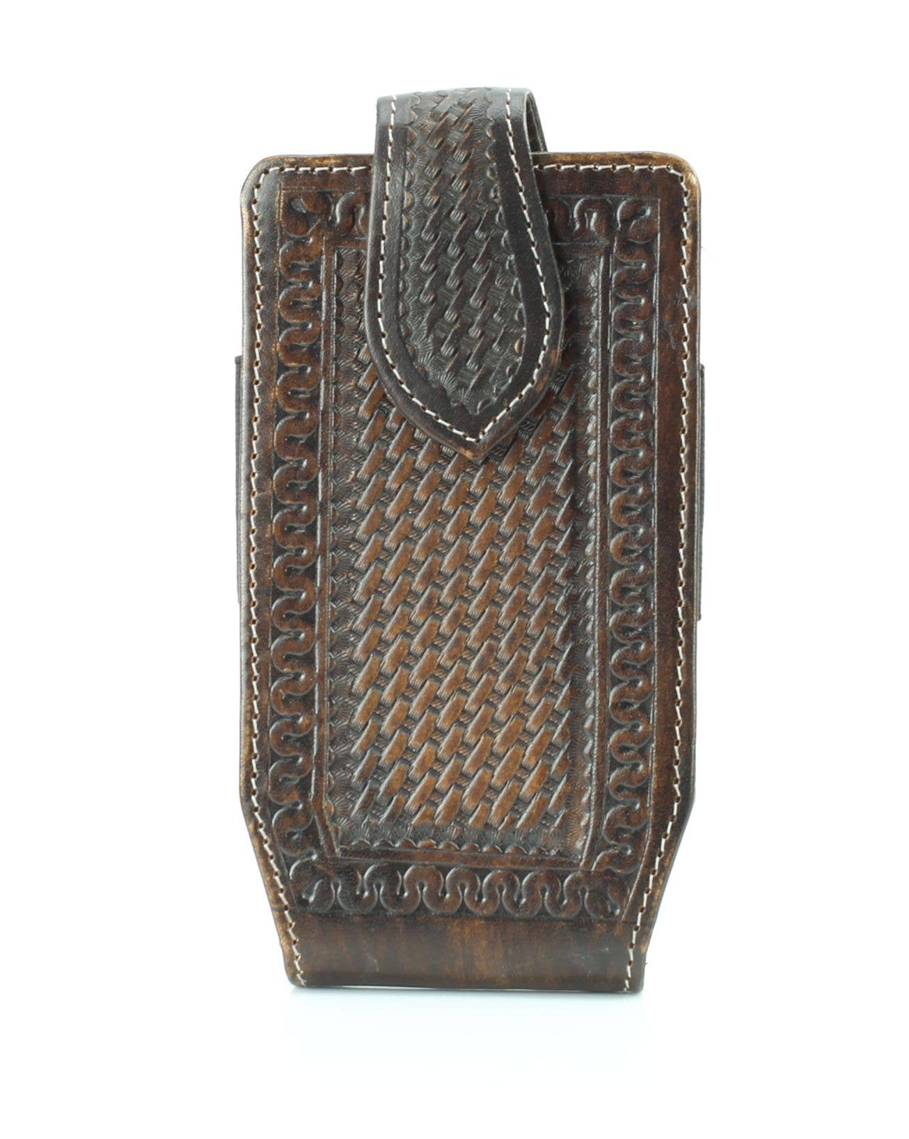 Basket Weave Tooled Leather Phone Case for Belt