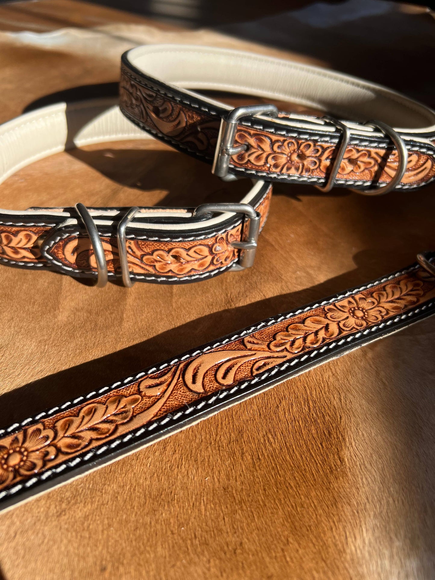 Tooled Leather Western Leather Padded Dog Collar White