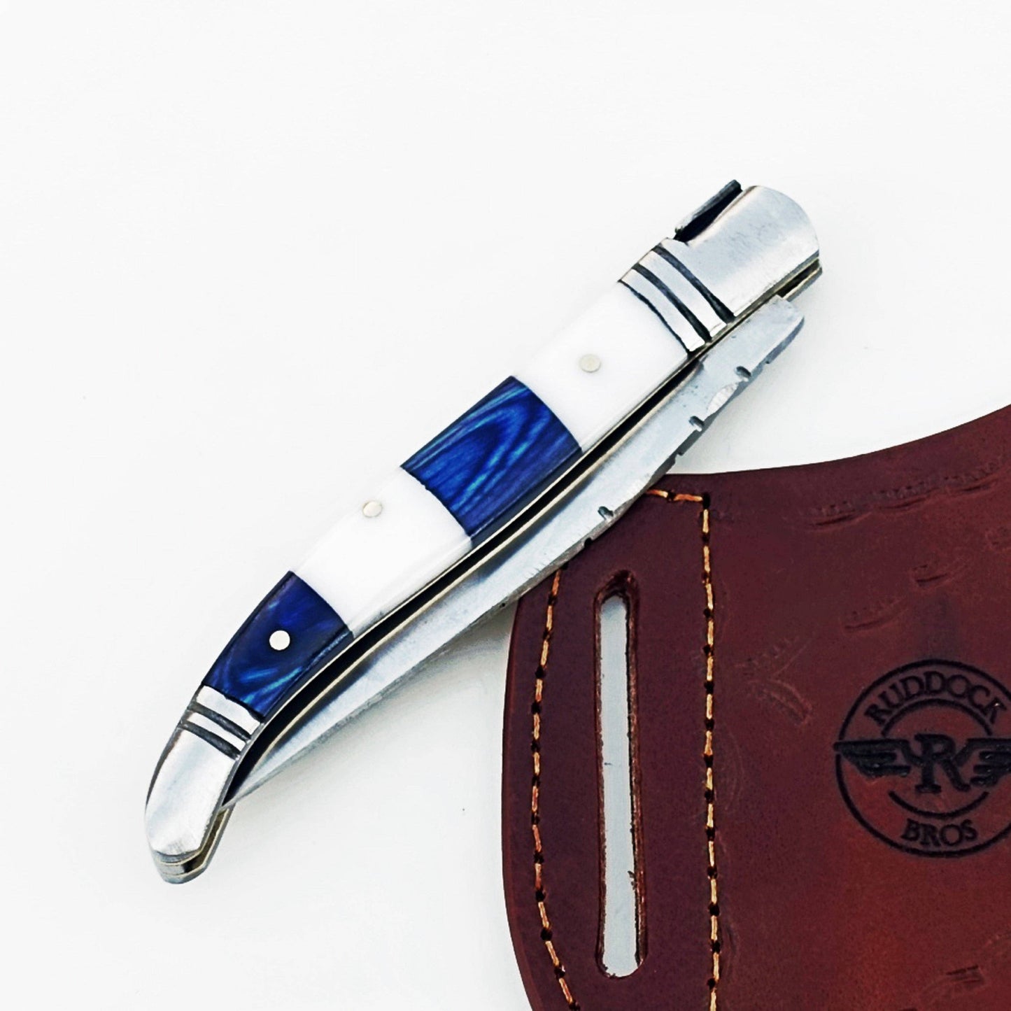 Ruddock Bros - The Blue White Monsignor Folding Knife - Damascus Steel