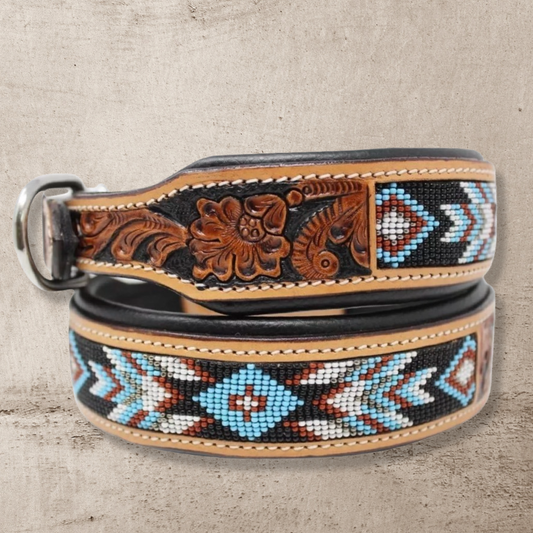 Western Aztec Turquoise Leather Beaded Dog Collar XS-XL