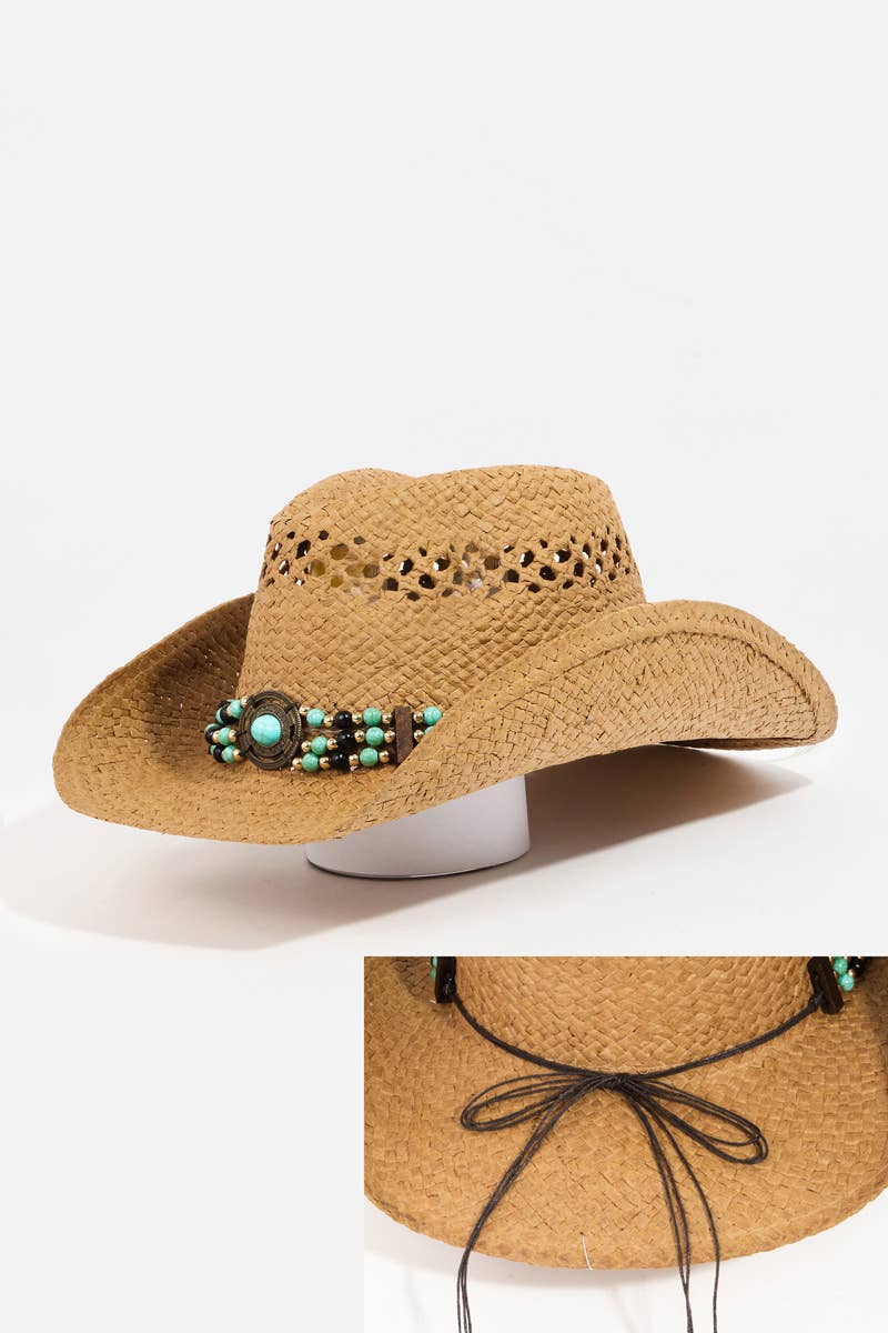 WOMENS Beaded Decor Straw Weave Cowboy Hat