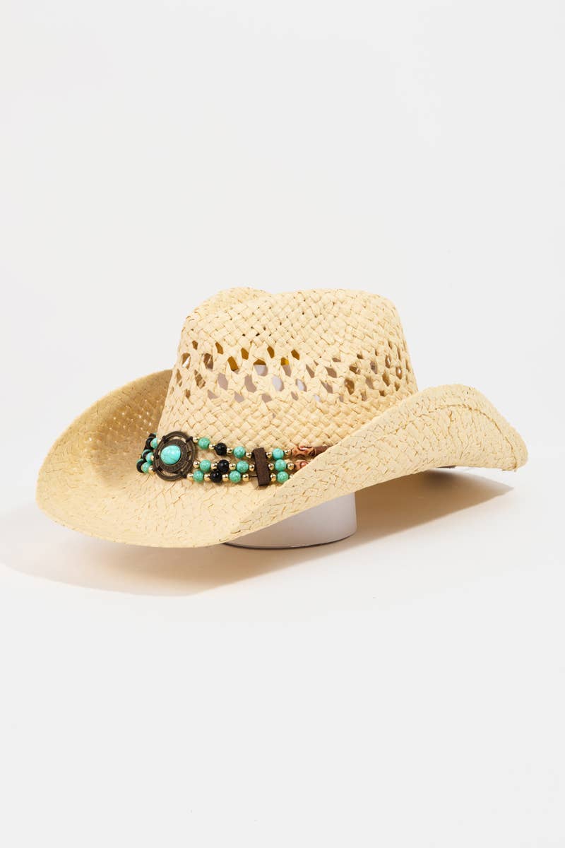 WOMENS Beaded Decor Straw Weave Cowboy Hat