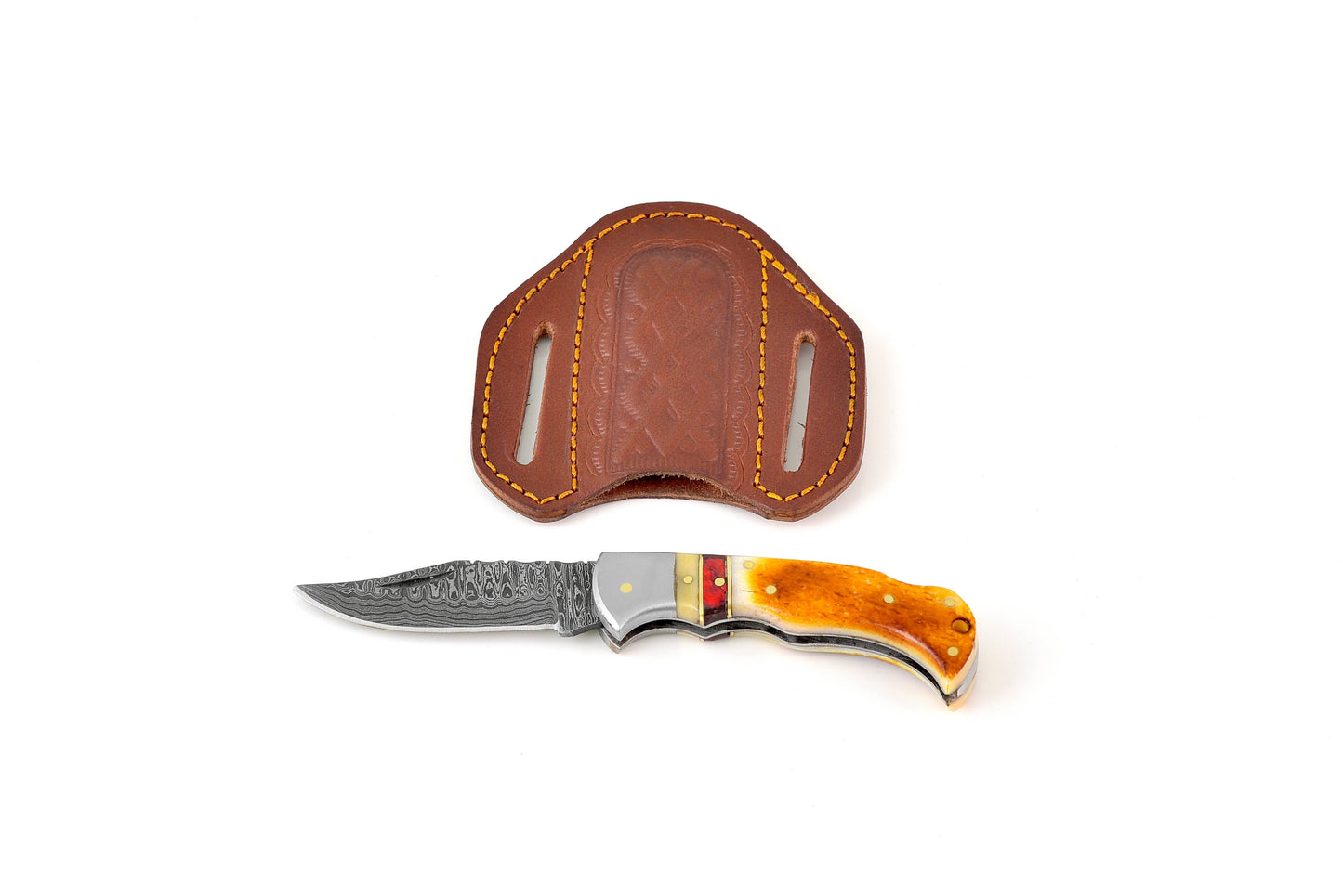 Burnt Bone folding knife with Leather Sheath