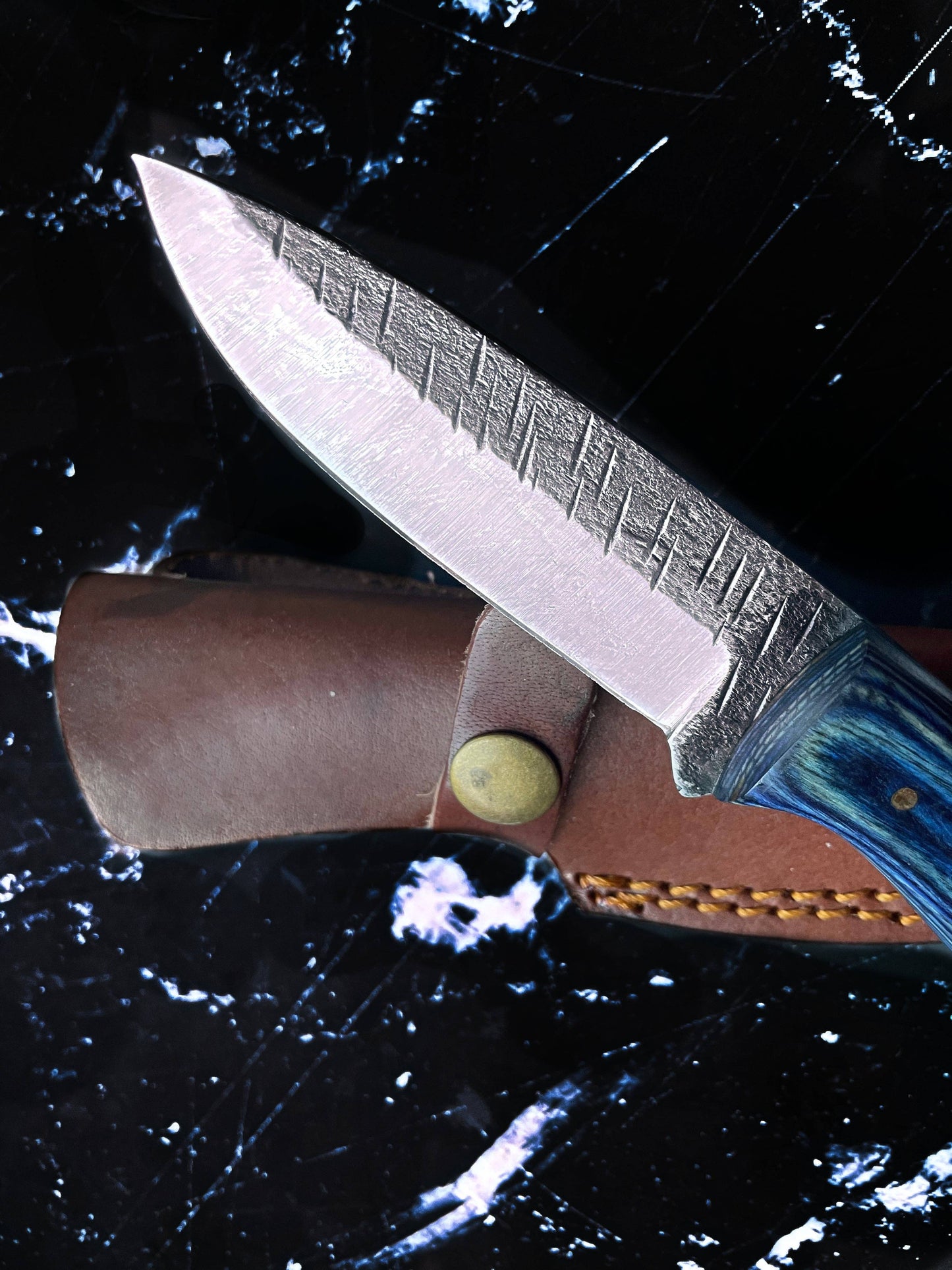 Titan Azura Custom- Carbon Steel Skinning Knife with Blue Diamond Wood Handle.