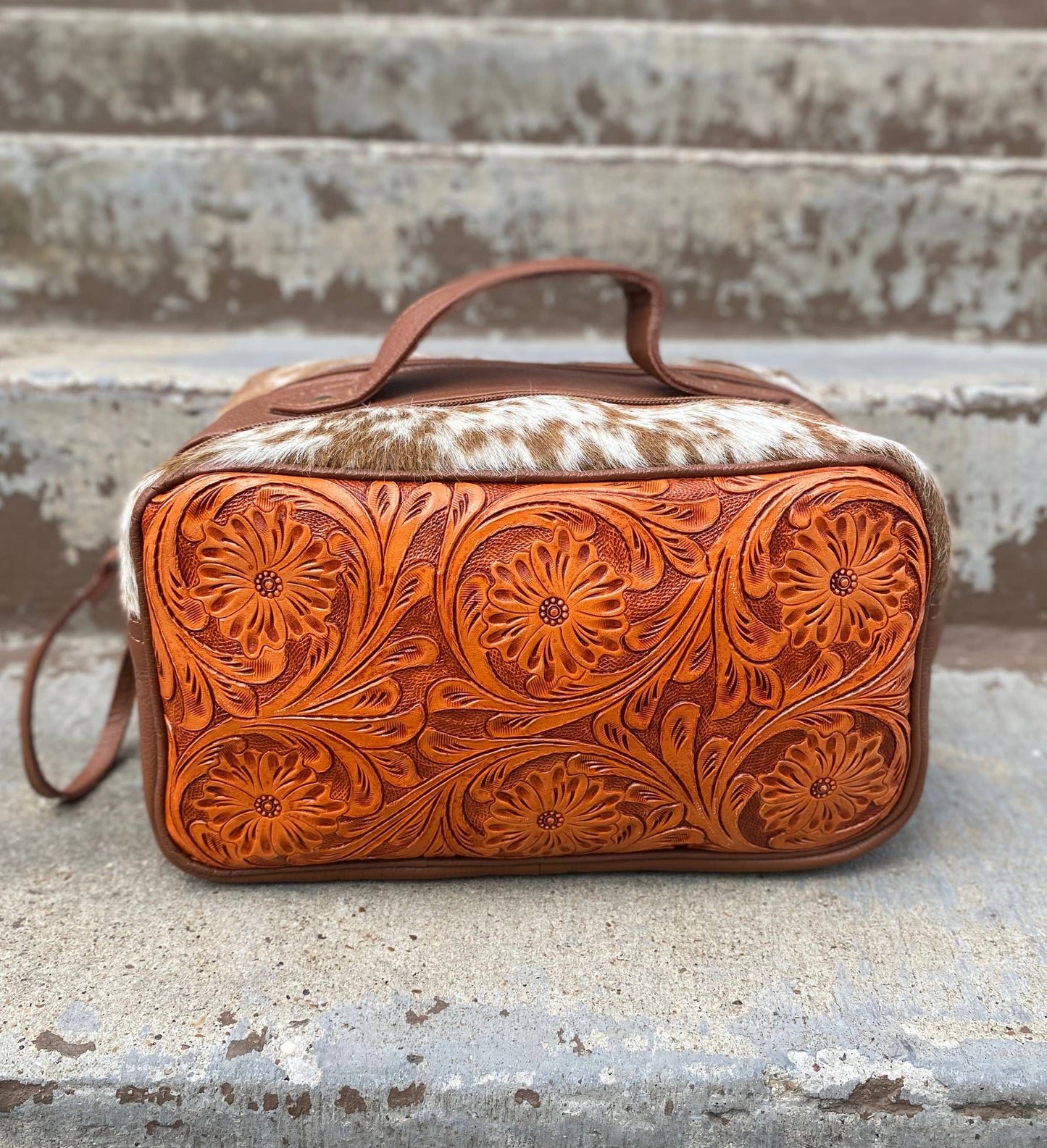 Tan Tooled Leather Makeup Bag