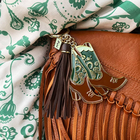 Emerald Paisley Cowgirl Boots Keychain Bag Charm
