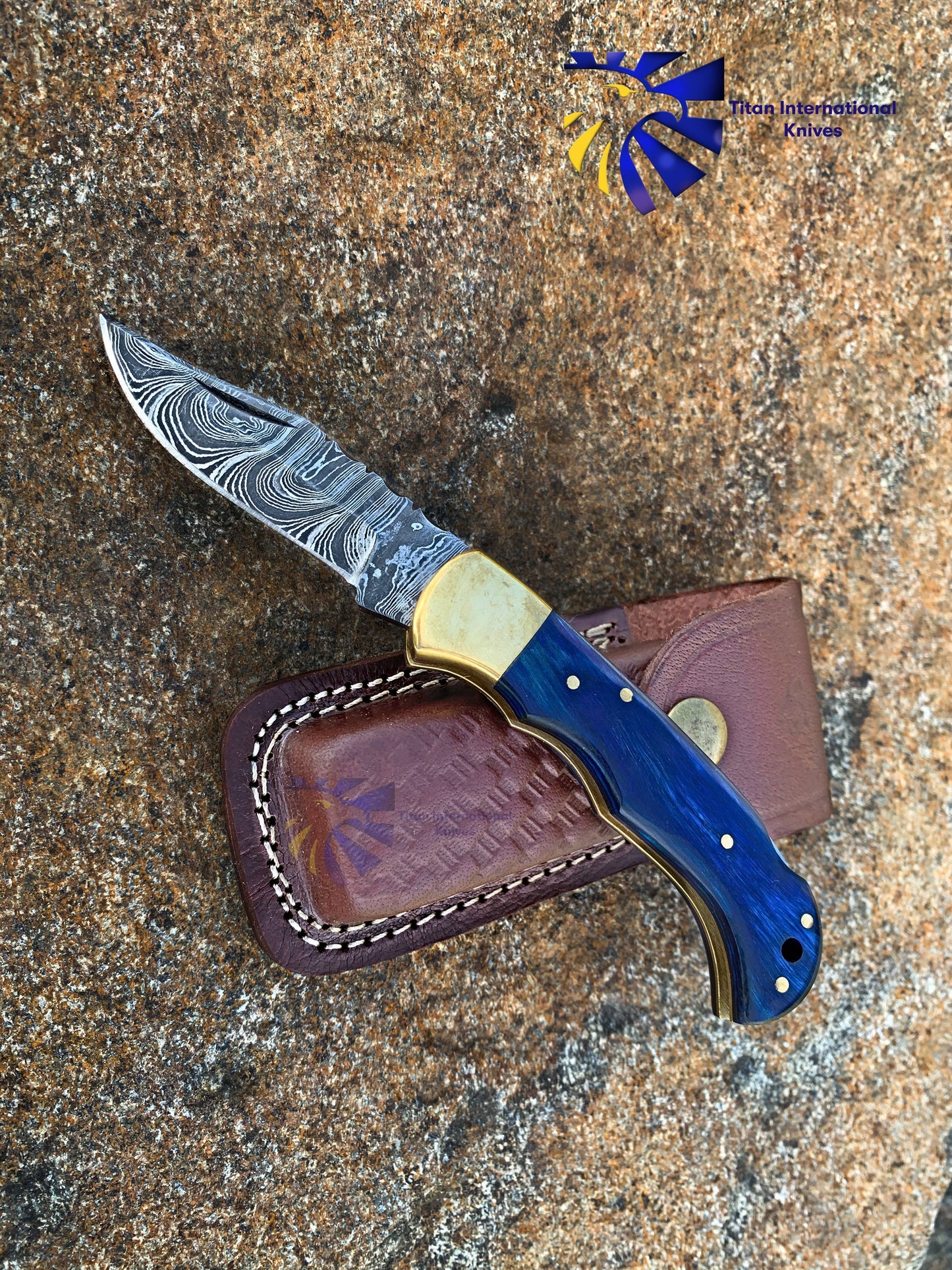 Blue Diamond Wood folding knife with Leather Sheath