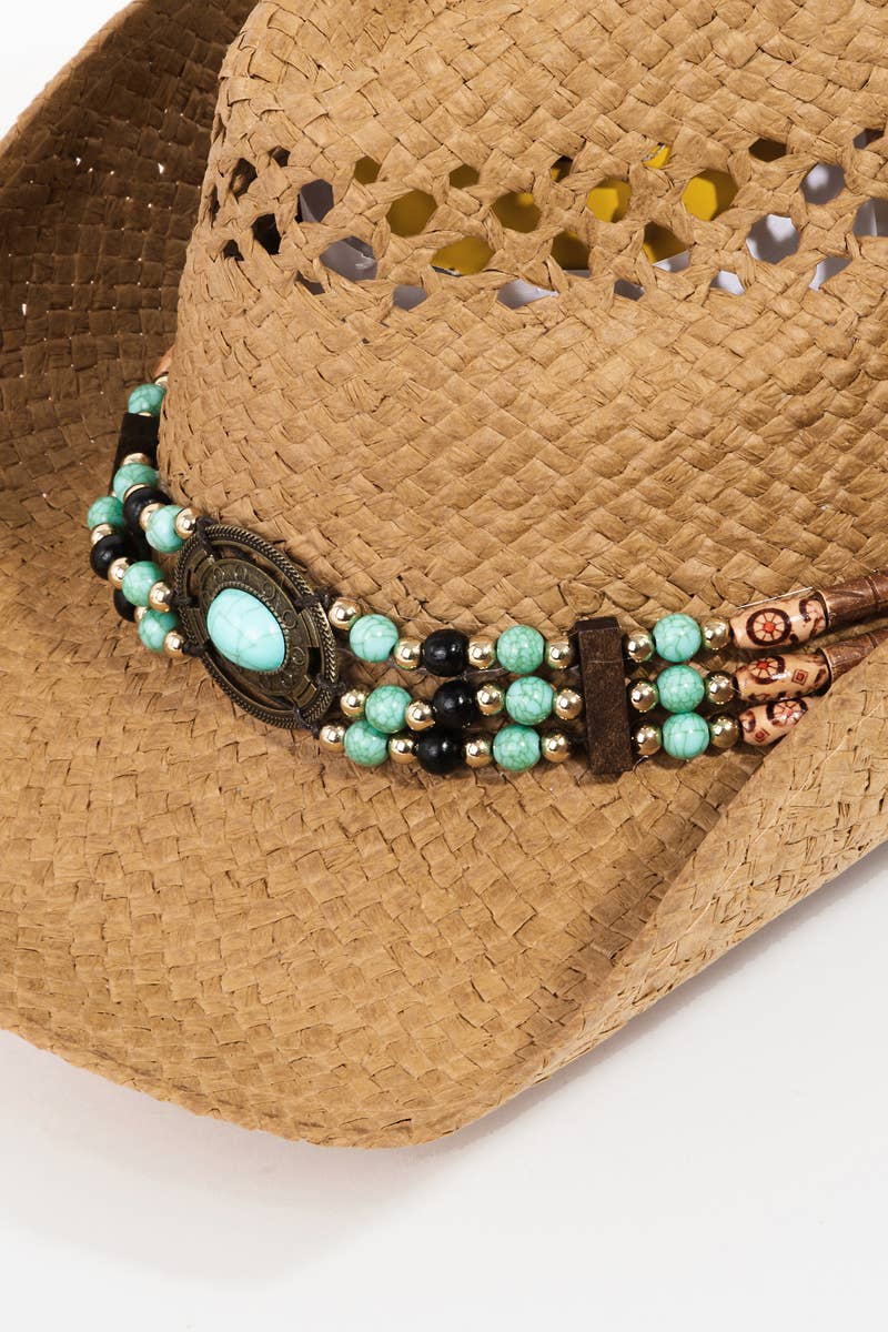 WOMENS Beaded Decor Straw Weave Cowboy Hat