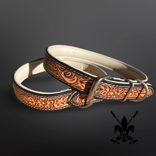 Tooled Leather Western Leather Padded Dog Collar White