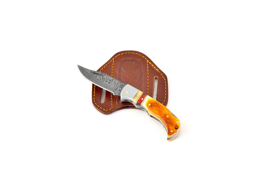 Burnt Bone folding knife with Leather Sheath