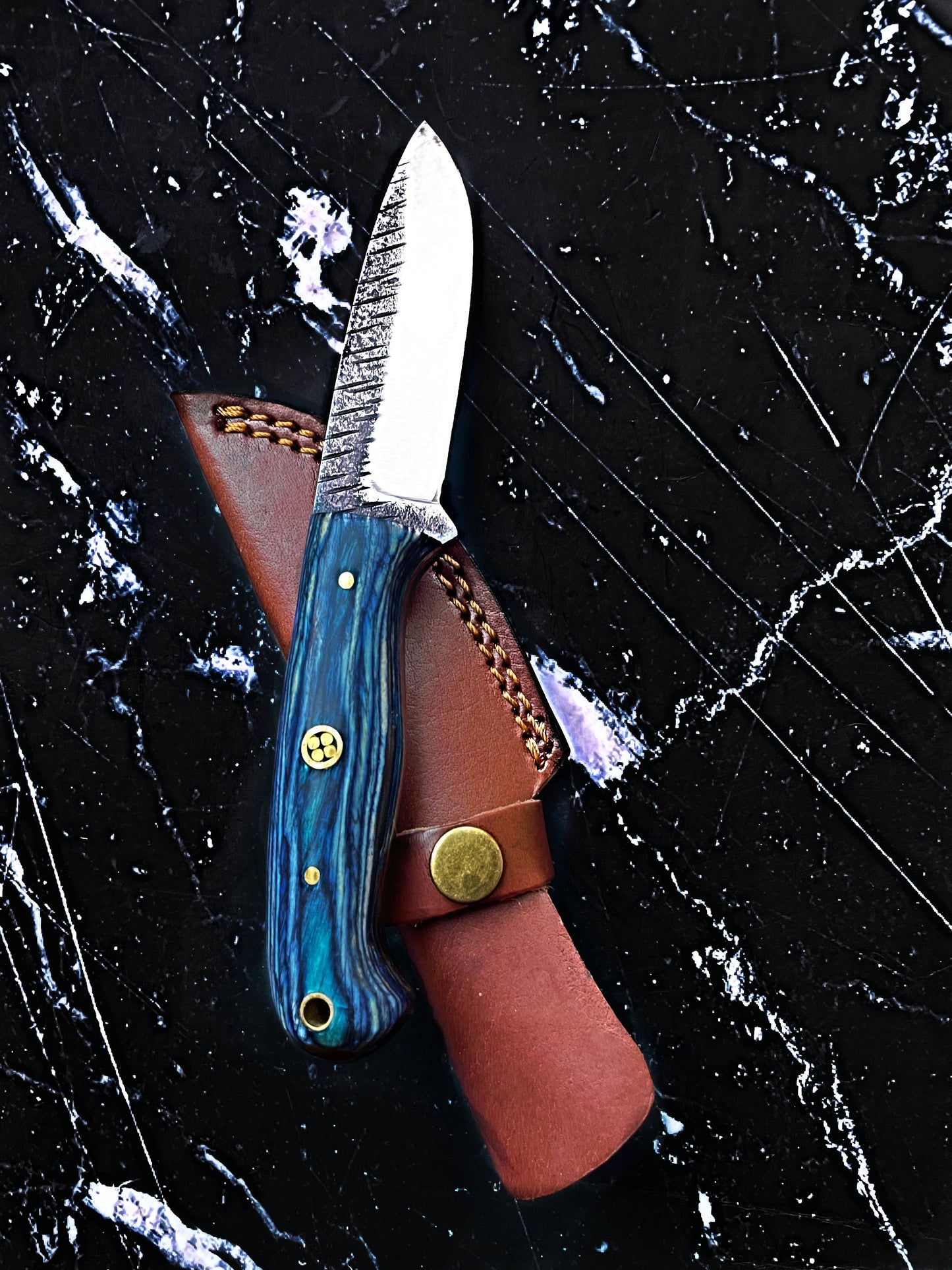 Titan Azura Custom- Carbon Steel Skinning Knife with Blue Diamond Wood Handle.