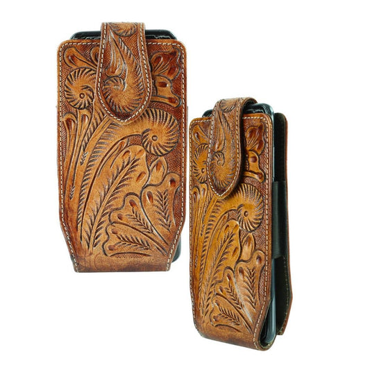 American Bison Floral Tooled Leather Phone Case for Belt