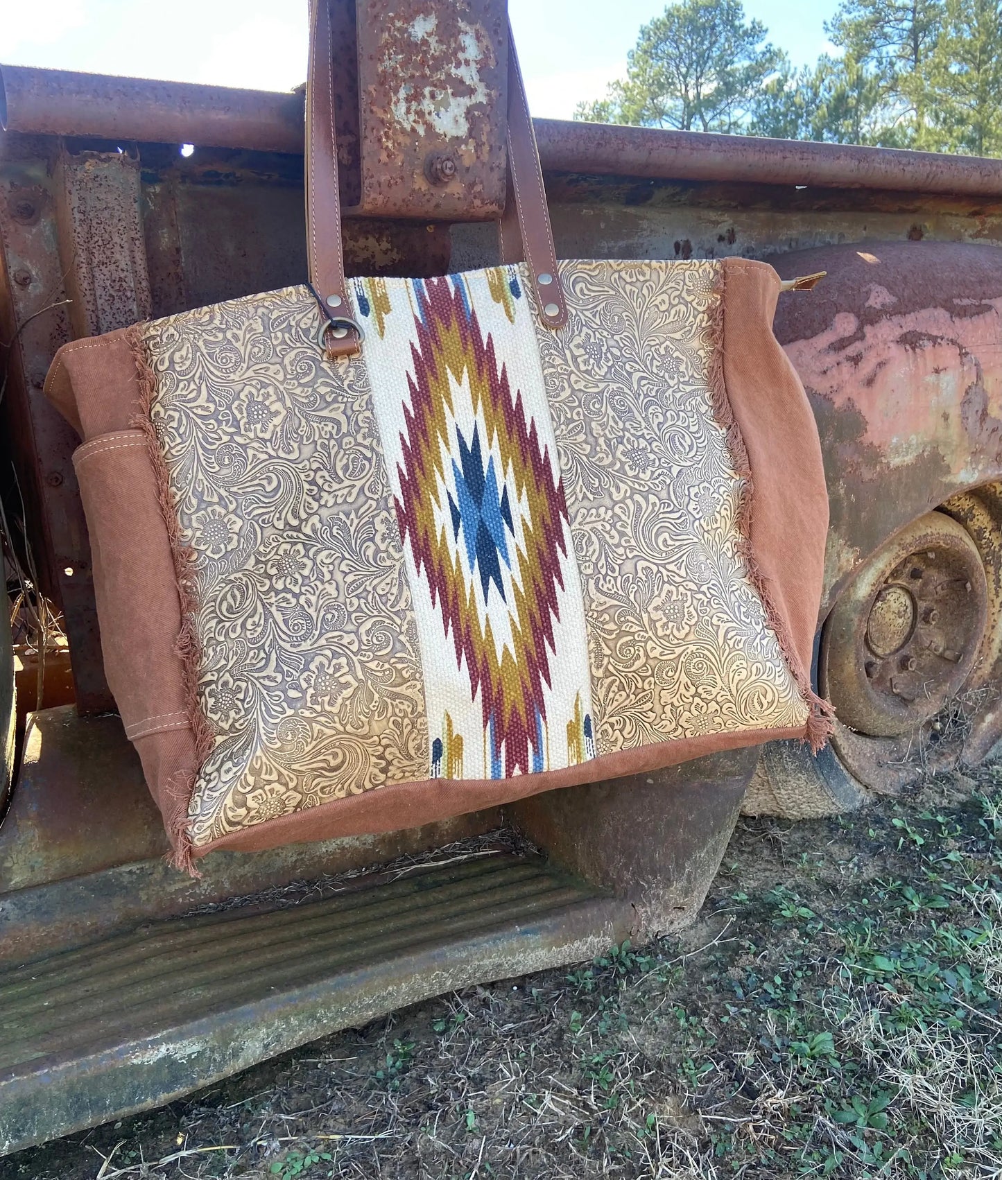 Tooled Leather Aztec Wester Weekender Travel Bag Myra