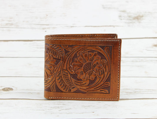 Tooled Leather Men's Wallet In Tan AB W03 Tan