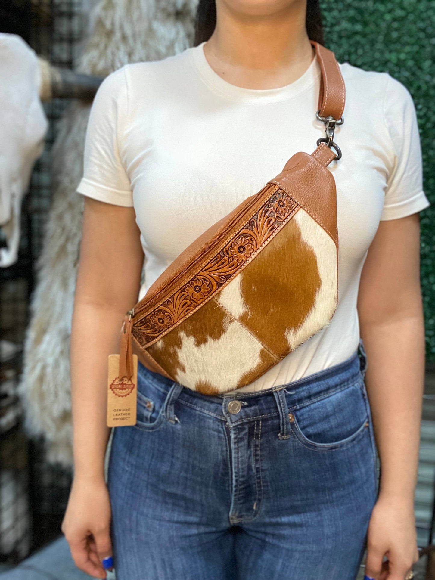 Classic Cowhide & Tan Leather Fanny Bag