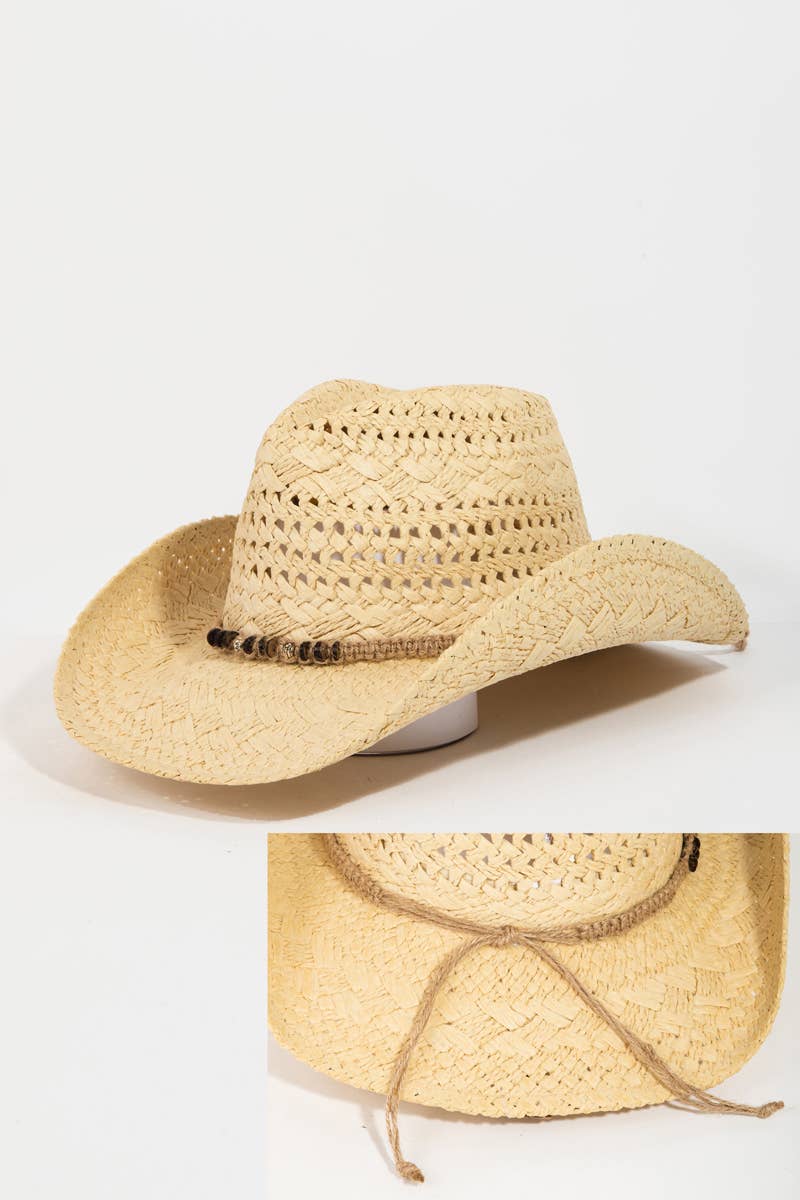 Beaded Rope Straw Cowboy Hat