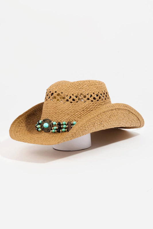 WOMENS Beaded Decor Straw Weave Cowboy Hat