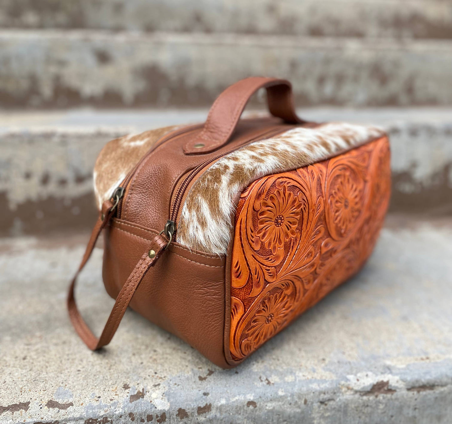 Tan Tooled Leather Makeup Bag