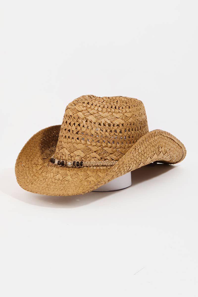 Beaded Rope Straw Cowboy Hat