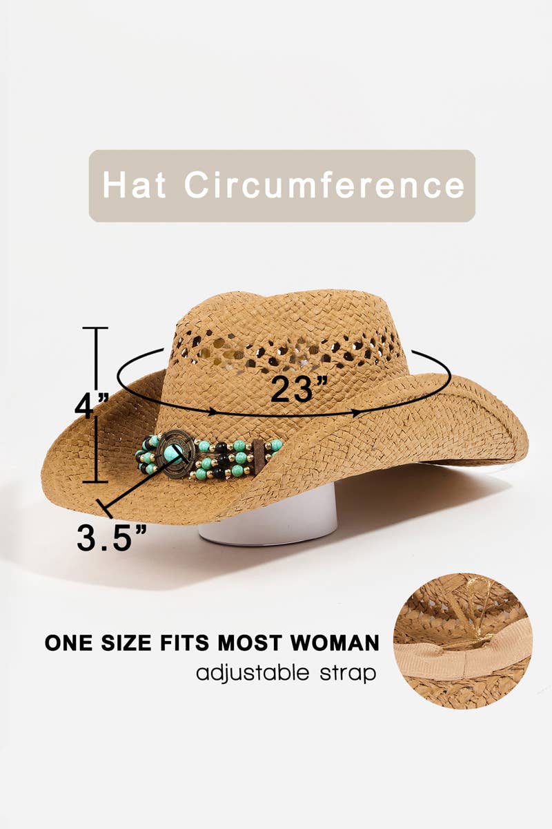 WOMENS Beaded Decor Straw Weave Cowboy Hat