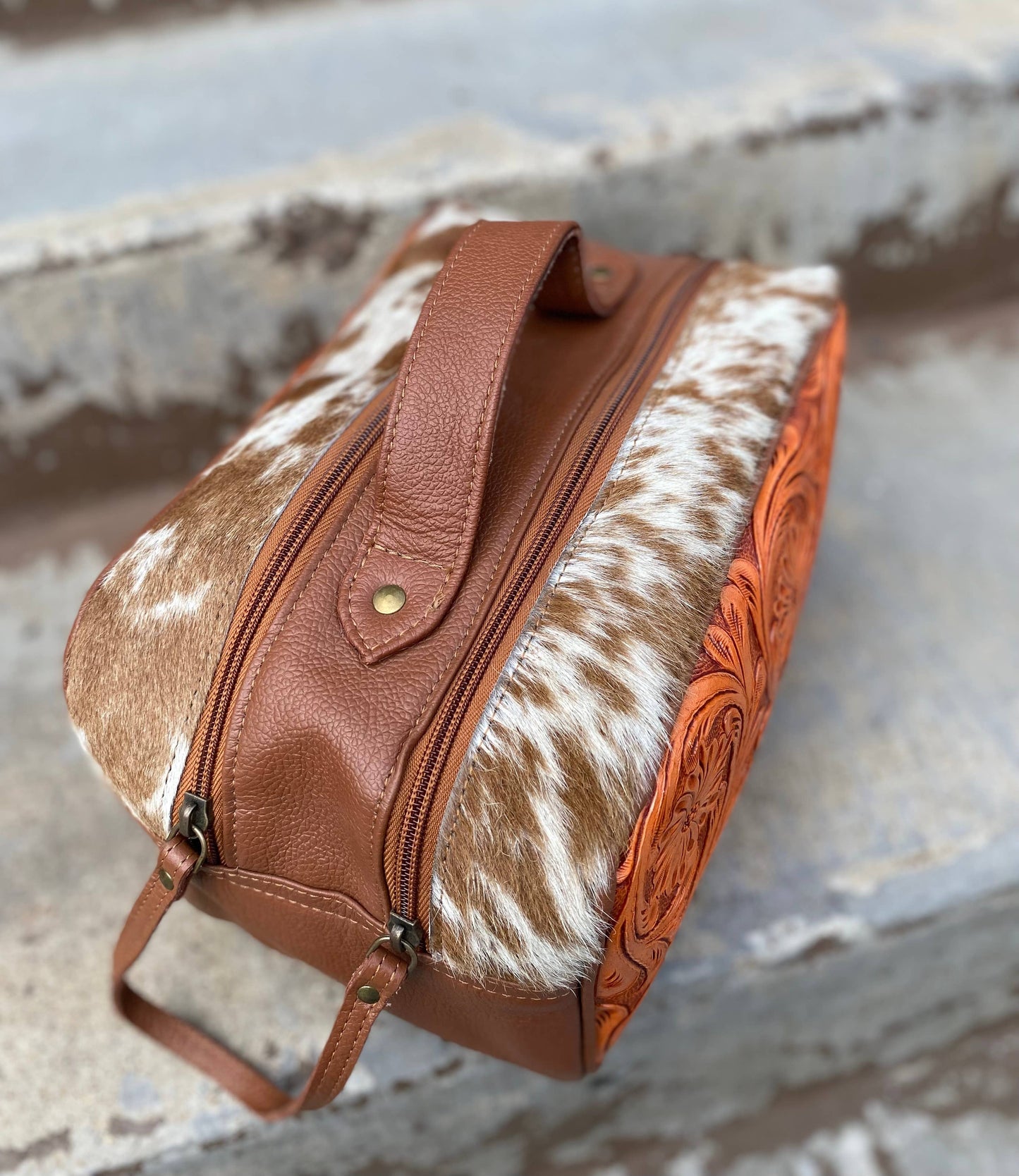 Tan Tooled Leather Makeup Bag