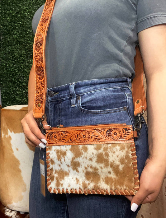 Tan Cowhide Tooled Crossbody